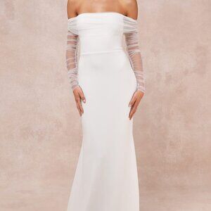 Lulus Beautifully Beloved White Mesh Off-the-Shoulder Maxi Dress